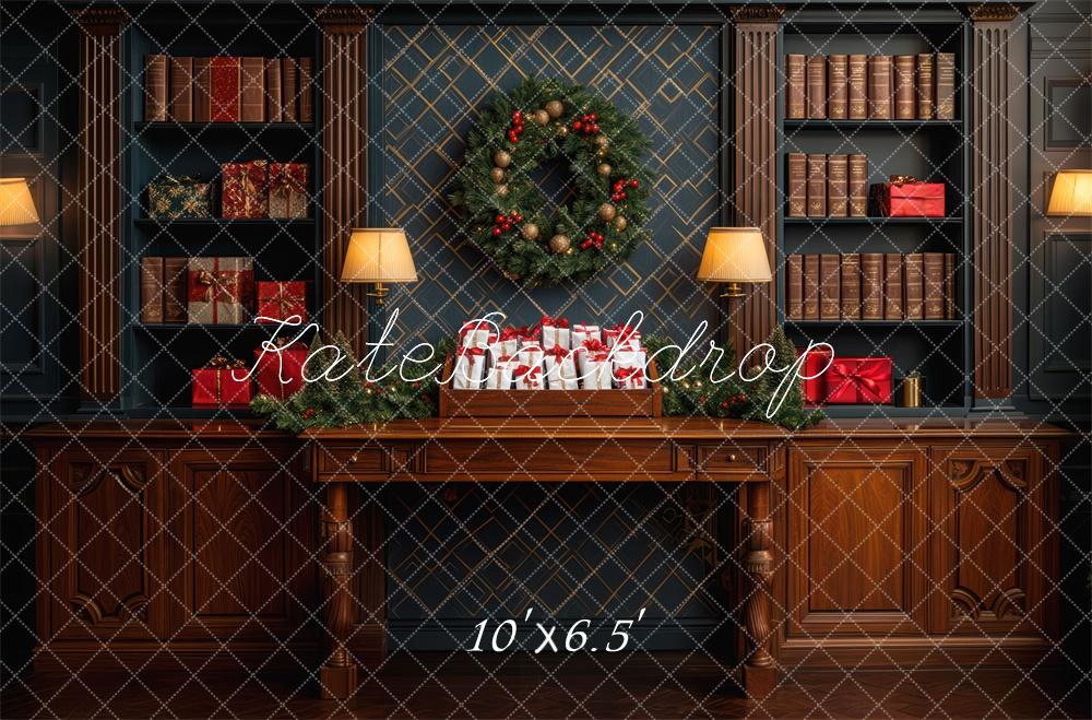 Kerst Retro Donkerbruine Bibliotheek Wreath Foto Achtergrond Designed by Mini MakeBelieve