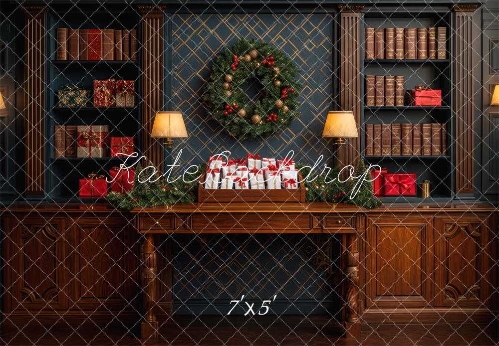 Kerst Retro Donkerbruine Bibliotheek Wreath Foto Achtergrond Designed by Mini MakeBelieve