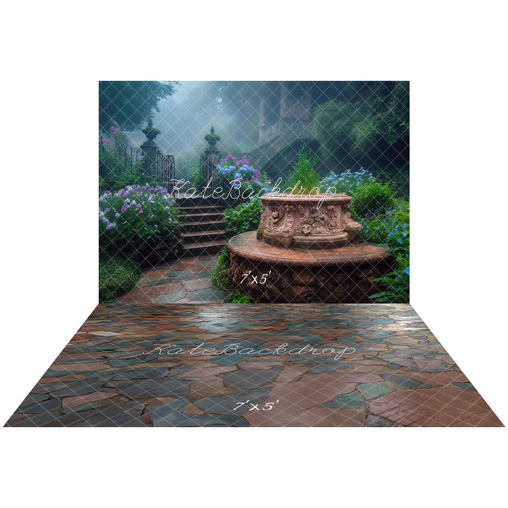 Lightning Deal #1 Kate Enchanted Garden Fountain Stairs Backdrop+Multicolor Slate Stone Floor Backdrop