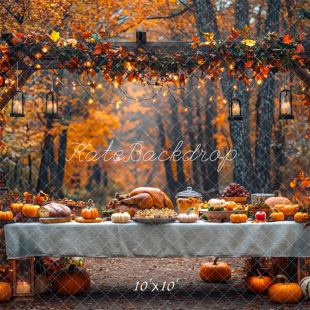 Fondo de Cena de Pavo de Acción de Gracias con Hojas de Otoño diseñado por Mini MakeBelieve