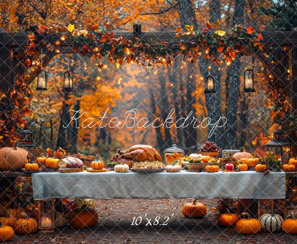 Fondo de Cena de Pavo de Acción de Gracias con Hojas de Otoño diseñado por Mini MakeBelieve