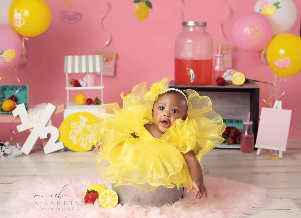 Kate Cake Smash Lemonade Stand Pink Backdrop Designed by Erin Larkins