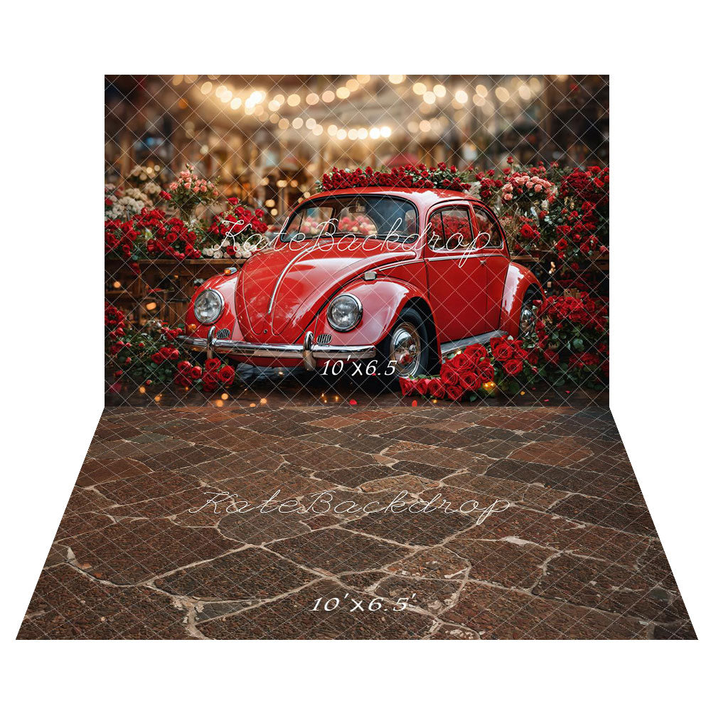 Kate Valentine's Day Vintage Red Car Roses Backdrop+Rustic Cobblestone Brown Floor Backdrop