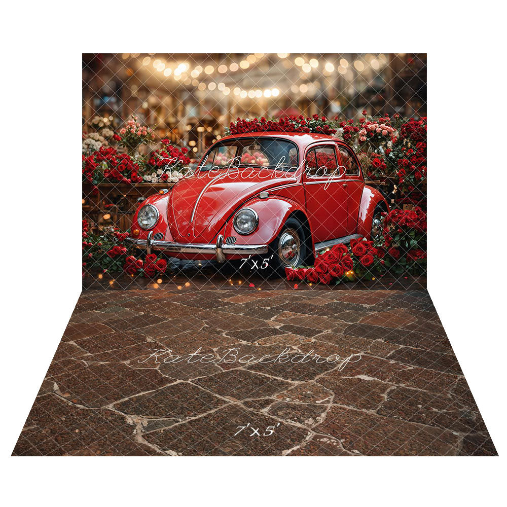 Kate Valentine's Day Vintage Red Car Roses Backdrop+Rustic Cobblestone Brown Floor Backdrop