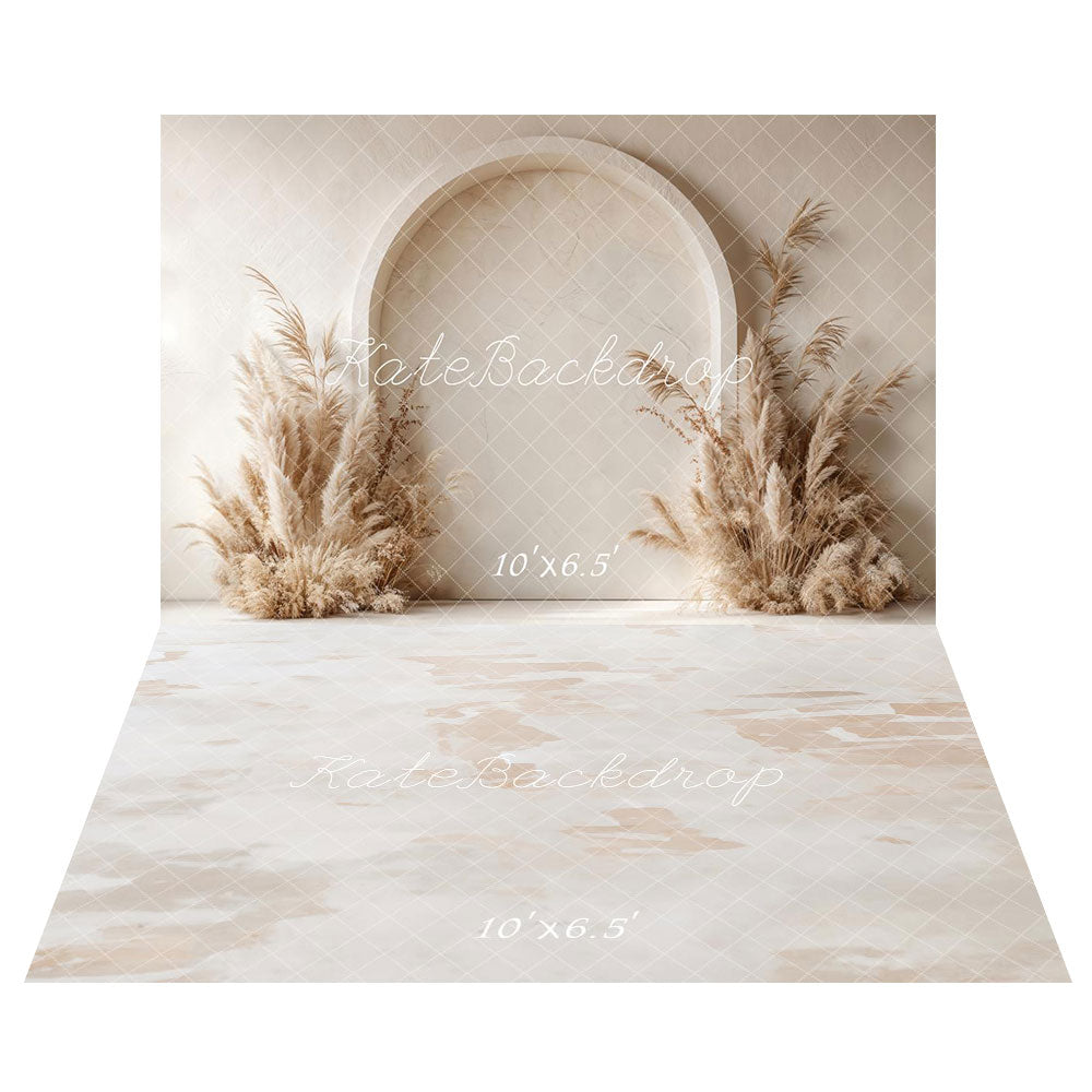 Kate Boho Arch Pampas Grass Backdrop+Neutral Abstract Texture Beige Floor Backdrop