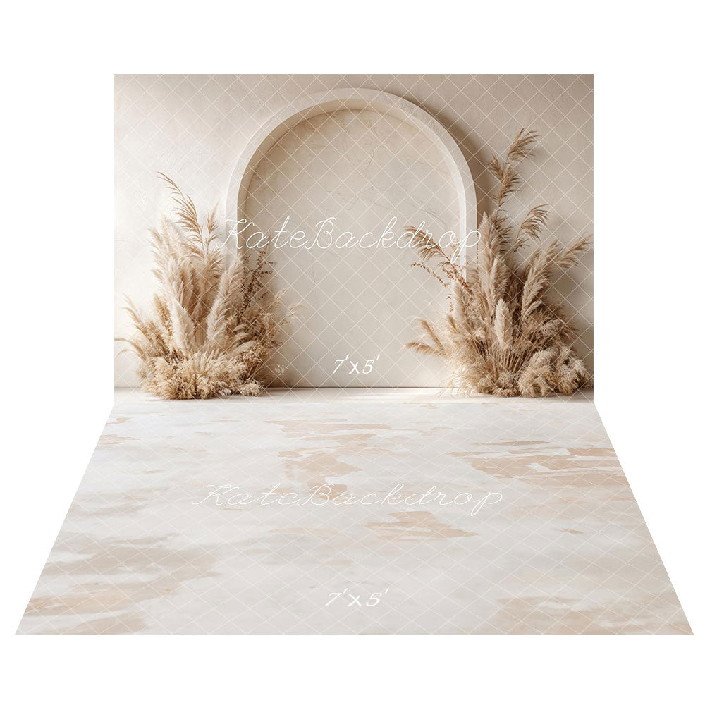 Kate Boho Arch Pampas Grass Backdrop+Neutral Abstract Texture Beige Floor Backdrop