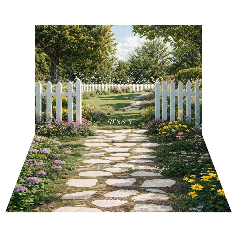 Kate Spring Garden Path White Fence Backdrop+Stone Pathway Floral Garden Floor Backdrop