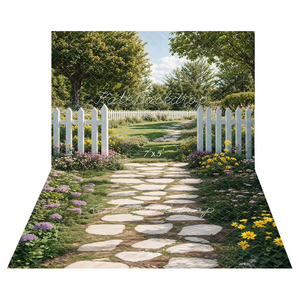 Spring Garden Path White Fence Foto Achtergrond+Stone Pathway Floral Garden Floor Backdrop Designed by.