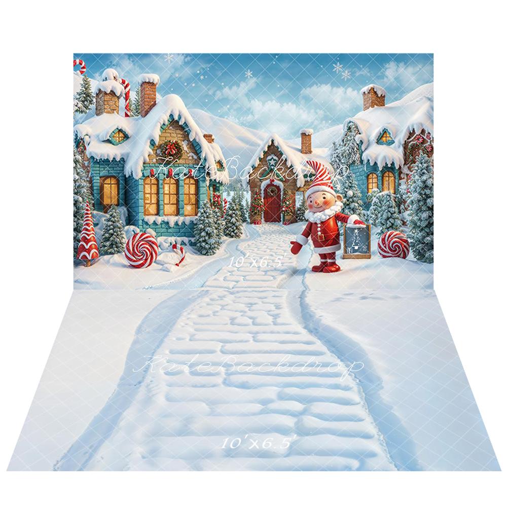 Kate Christmas Elf Candy Snowy House Backdrop+Winter Snowy Brick Path Floor Backdrop