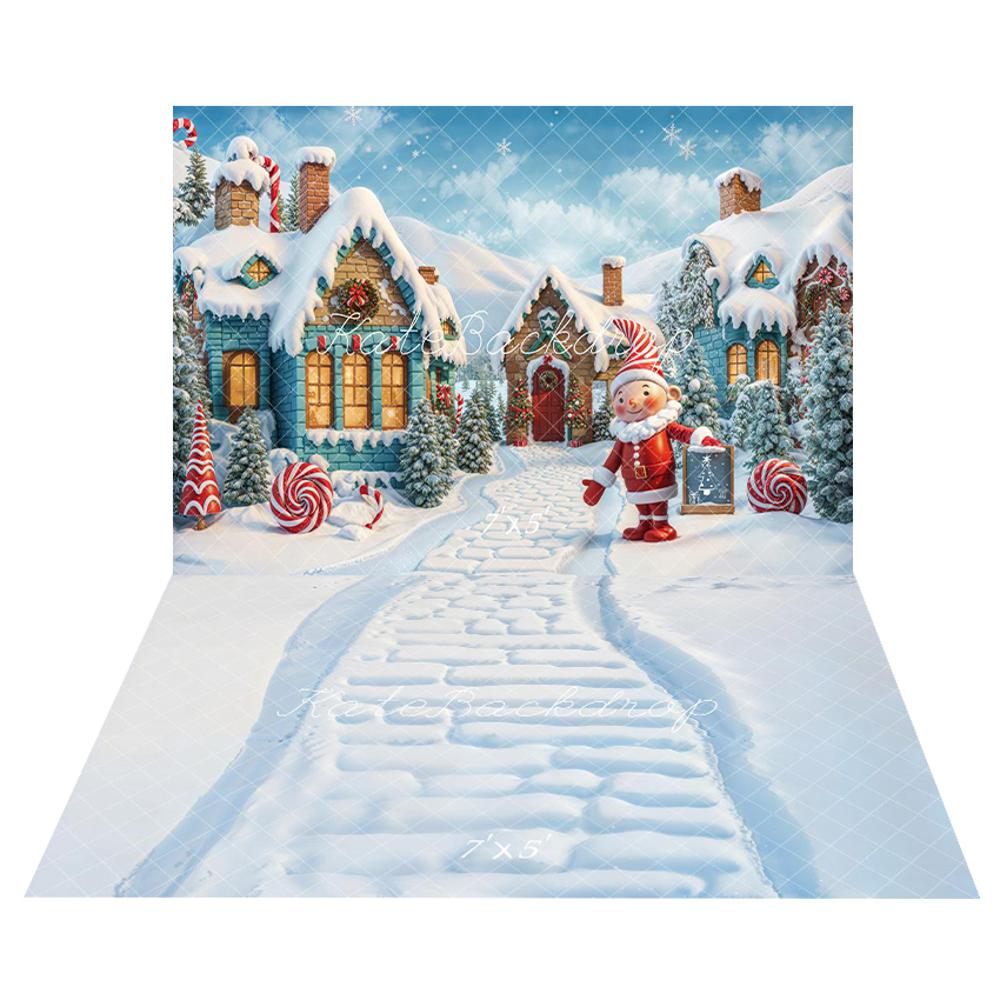 Kate Christmas Elf Candy Snowy House Backdrop+Winter Snowy Brick Path Floor Backdrop