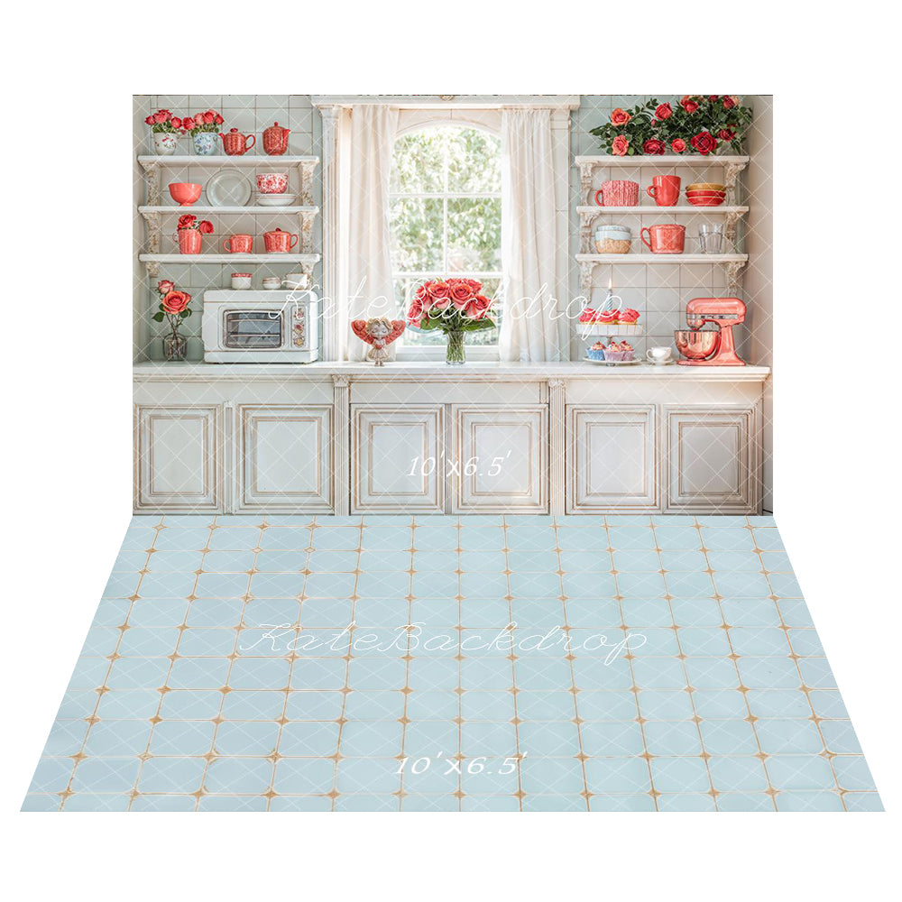 Kate Romantic Vintage Kitchen Cabinets Floral Backdrop+Blue Tile Pattern Floor Backdrop