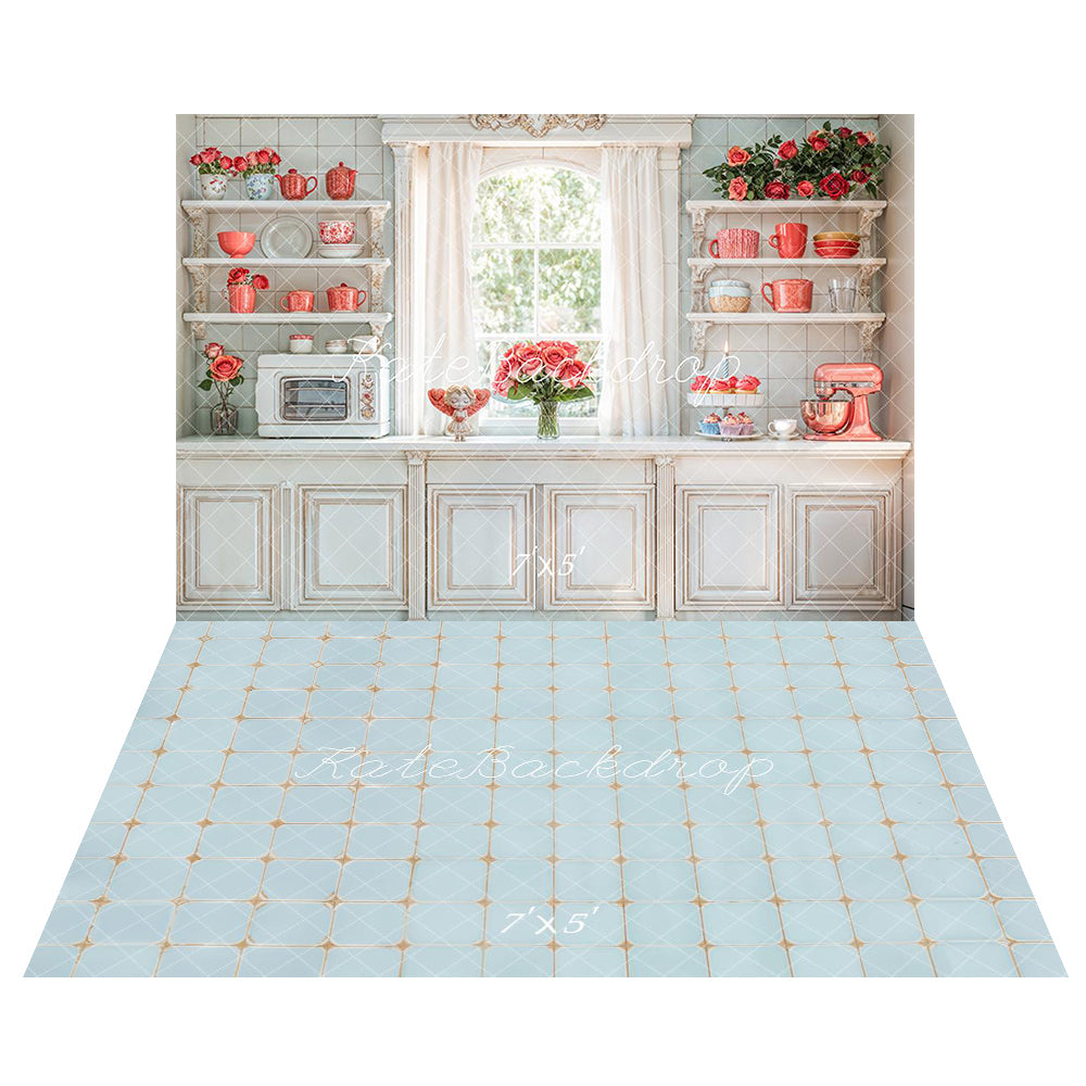 Kate Romantic Vintage Kitchen Cabinets Floral Backdrop+Blue Tile Pattern Floor Backdrop