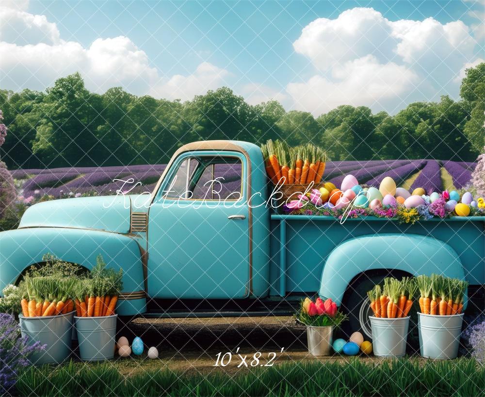 Easter Blue Truck Lavender Manor Foto Achtergrond Designed by Mini MakeBelieve