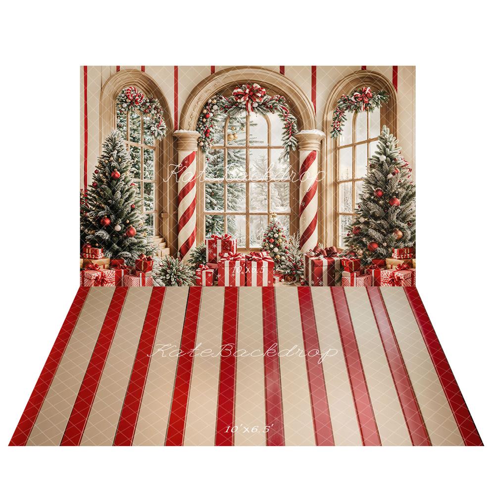 Kate Christmas Tree Arched Window  Backdrop+Red Striped Vintage Floor Backdrop