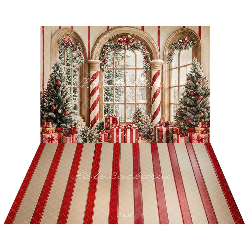 Kate Christmas Tree Arched Window  Backdrop+Red Striped Vintage Floor Backdrop