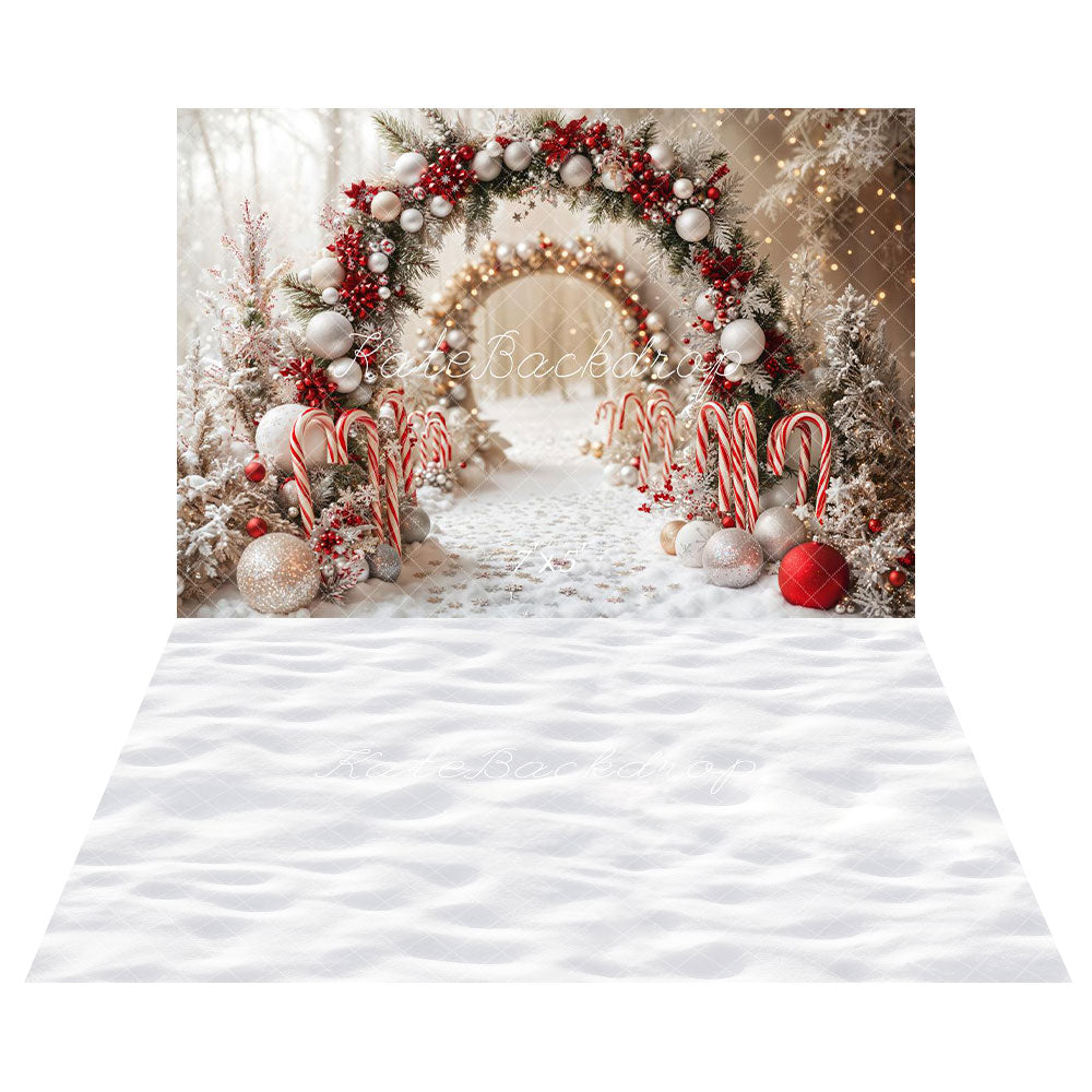 Kate Christmas Candy Cane Arch Snow Backdrop+Winter Snow Floor Backdrop