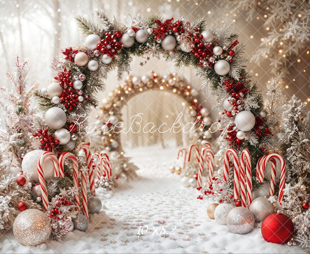 Kate Christmas Candy Cane Arch Snow Backdrop Designed by Emetselch