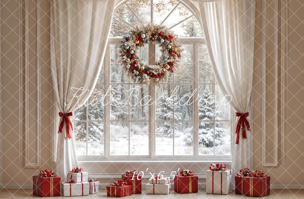 Kate Christmas White Curtain Wreath Window Backdrop Designed by Emetselch