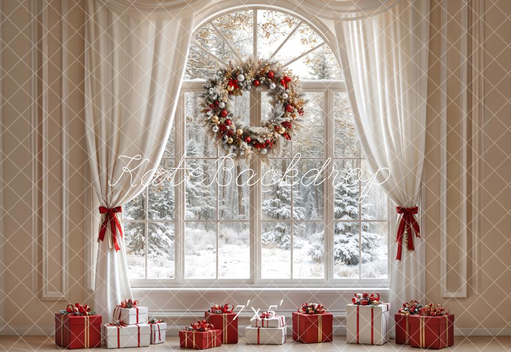 Kate Christmas White Curtain Wreath Window Backdrop Designed by Emetselch