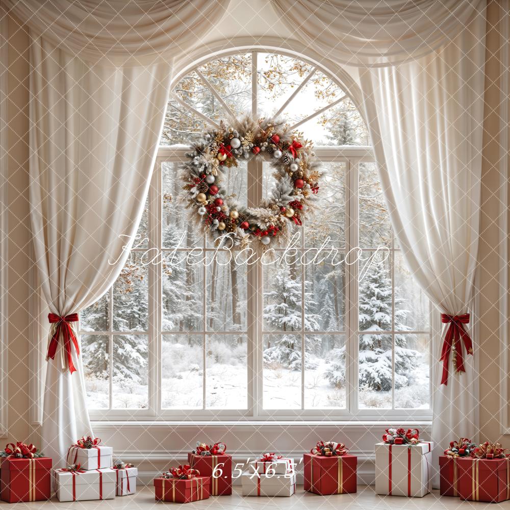 Kate Christmas White Curtain Wreath Window Backdrop Designed by Emetselch