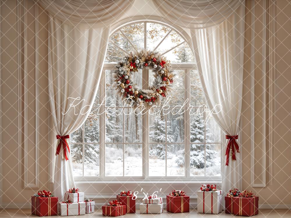 Kate Christmas White Curtain Wreath Window Backdrop Designed by Emetselch