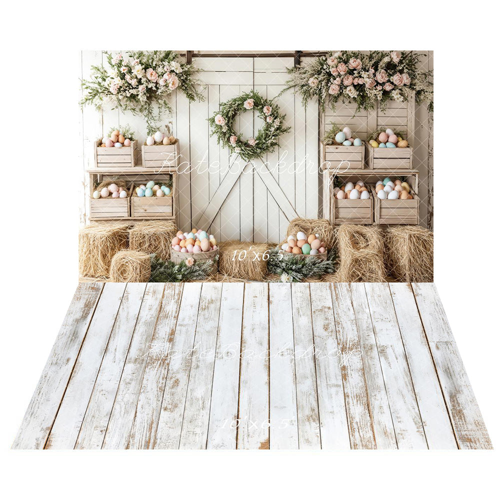 Kate Easter Floral Egg Farmhouse Backdrop+White Retro Wood Floor Backdrop