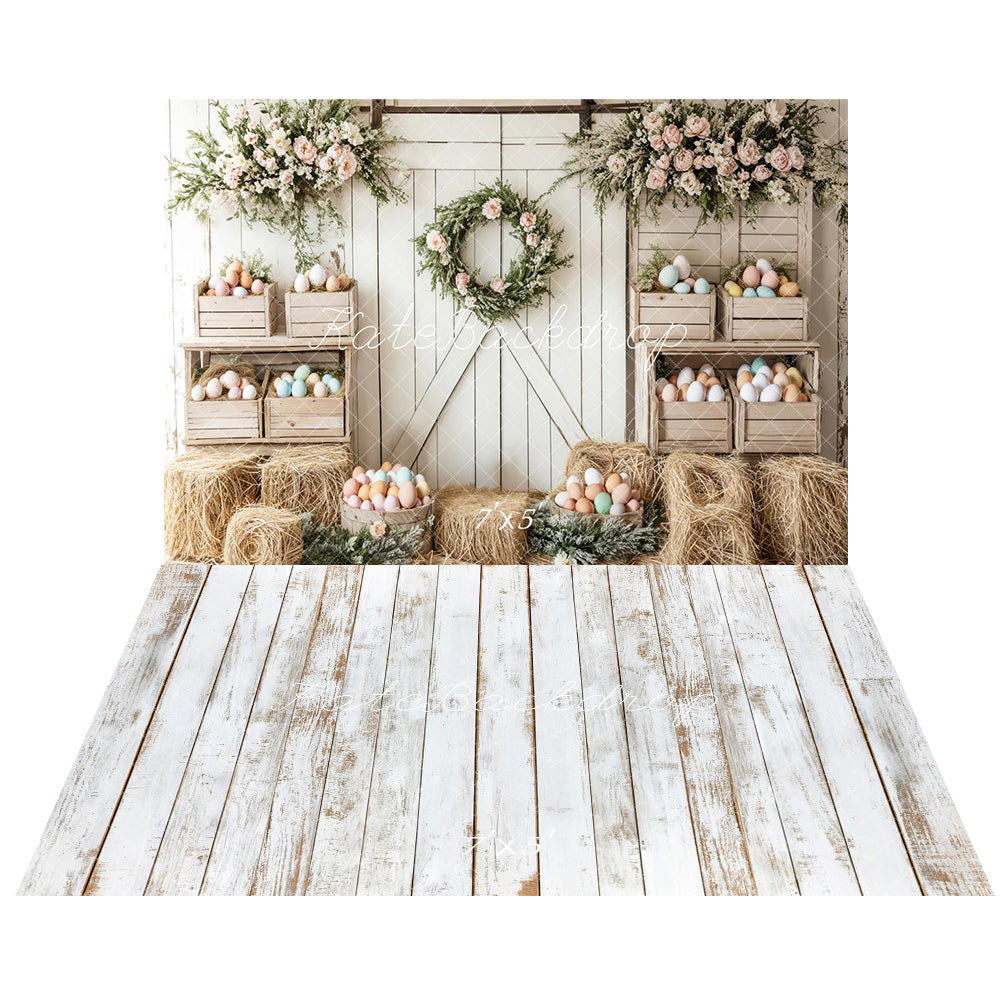 Kate Easter Floral Egg Farmhouse Backdrop+White Retro Wood Floor Backdrop