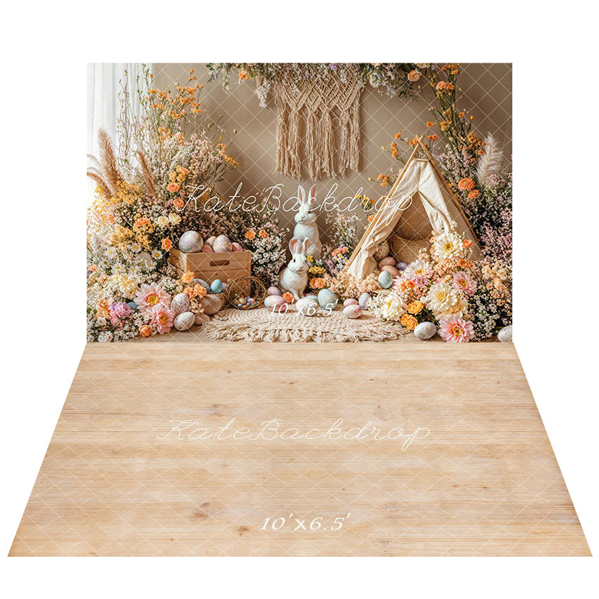 Kate Easter Bunny Boho Floral Eggs Backdrop+Natural Wood Texture Floor Backdrop