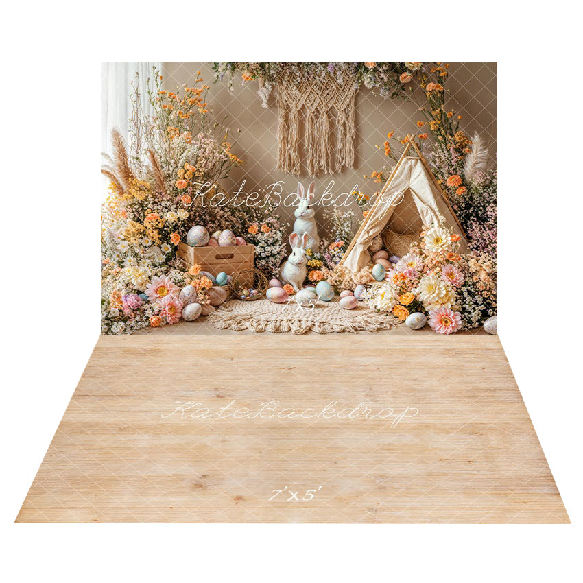 Kate Easter Bunny Boho Floral Eggs Backdrop+Natural Wood Texture Floor Backdrop