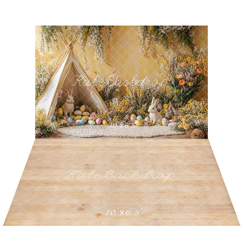 Kate Easter Bunny Tent Eggs Backdrop+Natural Wood Texture Floor Backdrop