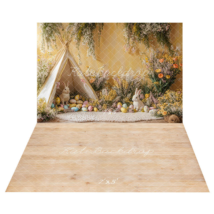 Kate Easter Bunny Tent Eggs Backdrop+Natural Wood Texture Floor Backdrop