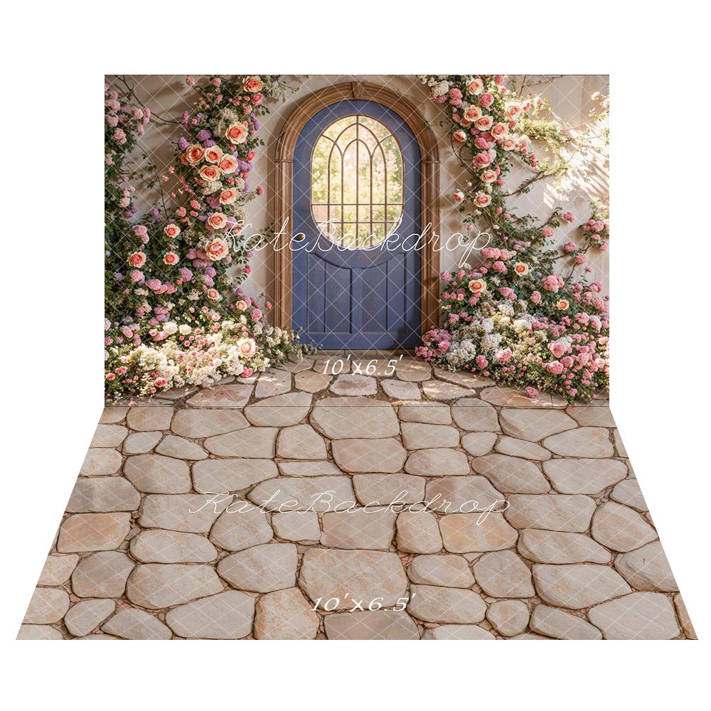 Kate Spring Floral Arched Doorway Backdrop+Stone Cobblestone Floor Backdrop