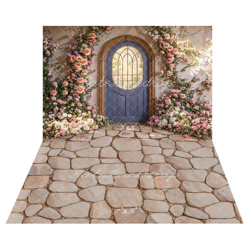 Kate Spring Floral Arched Doorway Backdrop+Stone Cobblestone Floor Backdrop