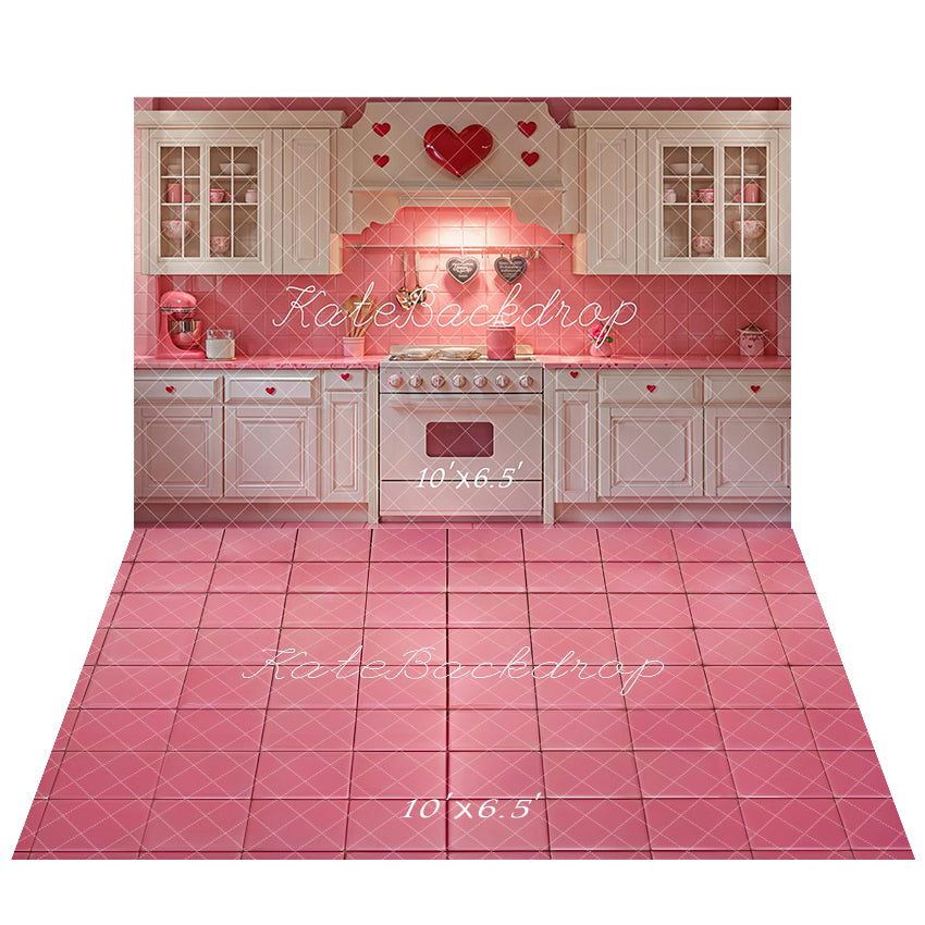 Kate Valentine Pink Heart Kitchen Cabinets Backdrop+Pink Tile Floor Backdrop