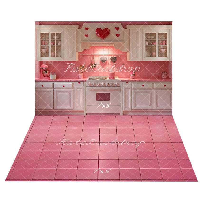 Kate Valentine Pink Heart Kitchen Cabinets Backdrop+Pink Tile Floor Backdrop