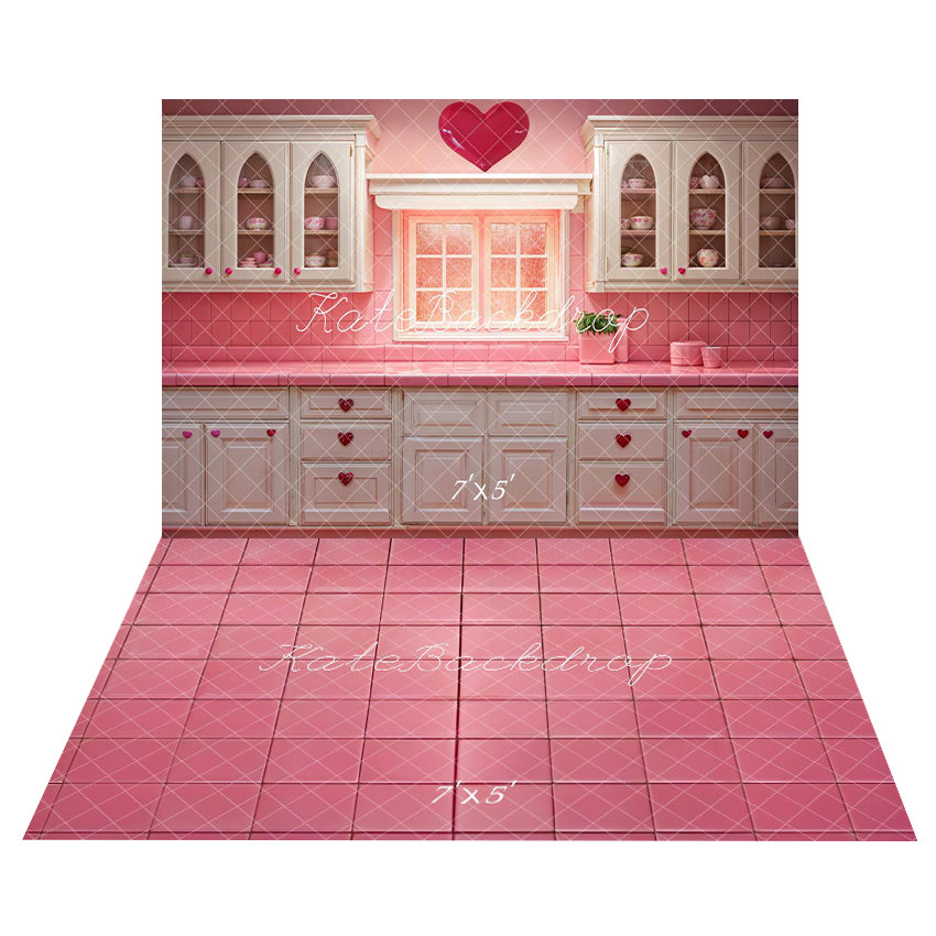 Kate Valentine Pink Heart Kitchen Cabinets Backdrop+Pink Tile Floor Backdrop