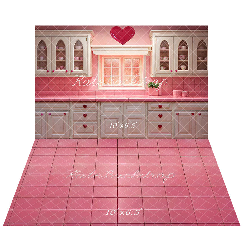 Kate Valentine Pink Heart Kitchen Cabinets Backdrop+Pink Tile Floor Backdrop