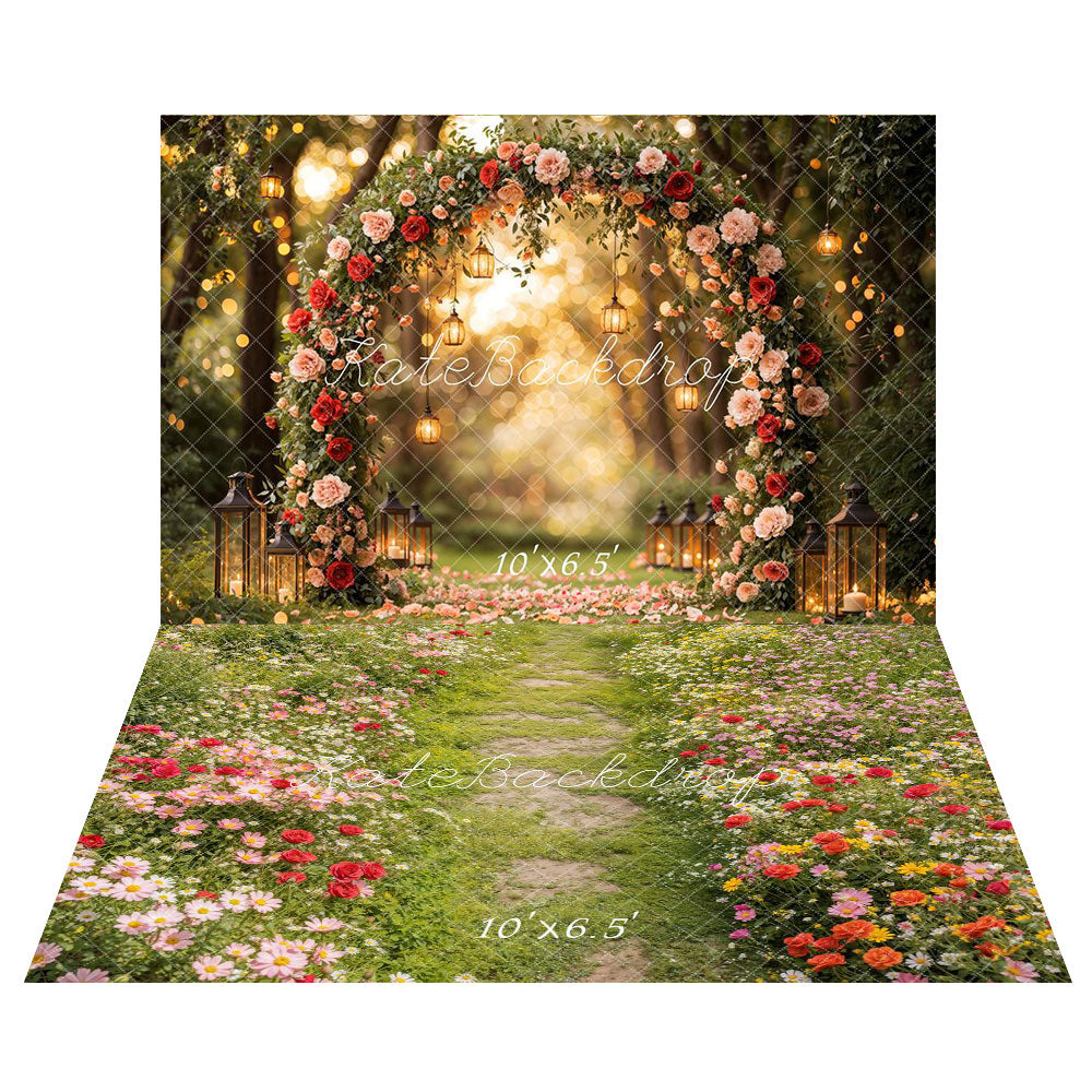 Kate Valentine Flower Arch Lantern Backdrop+Spring Floral Pathway Grass Floor Backdrop