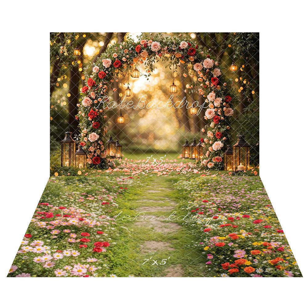 Kate Valentine Flower Arch Lantern Backdrop+Spring Floral Pathway Grass Floor Backdrop