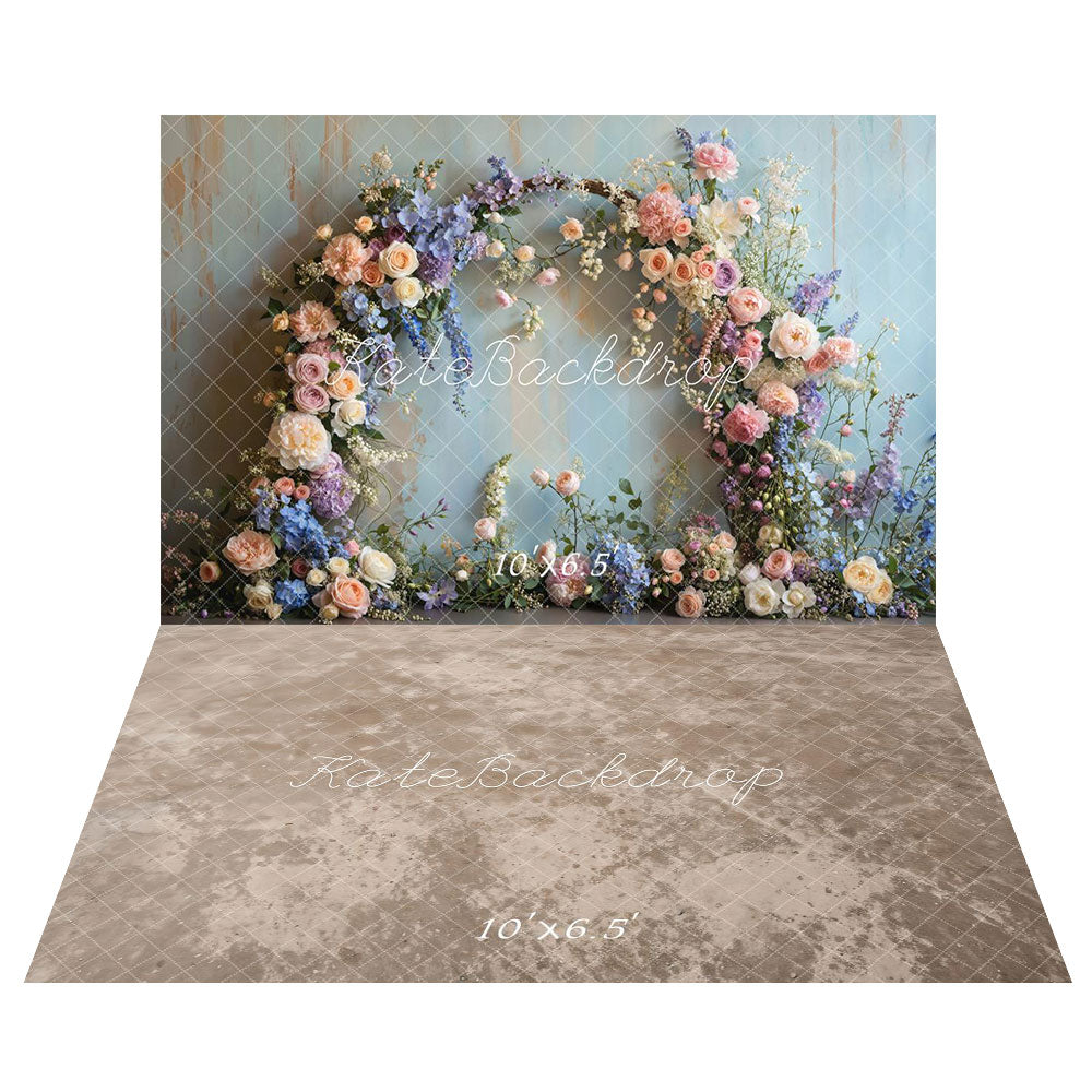 Kate Spring Floral Arch Pastel Backdrop+Abstract Light Brown Beige Floor Backdrop