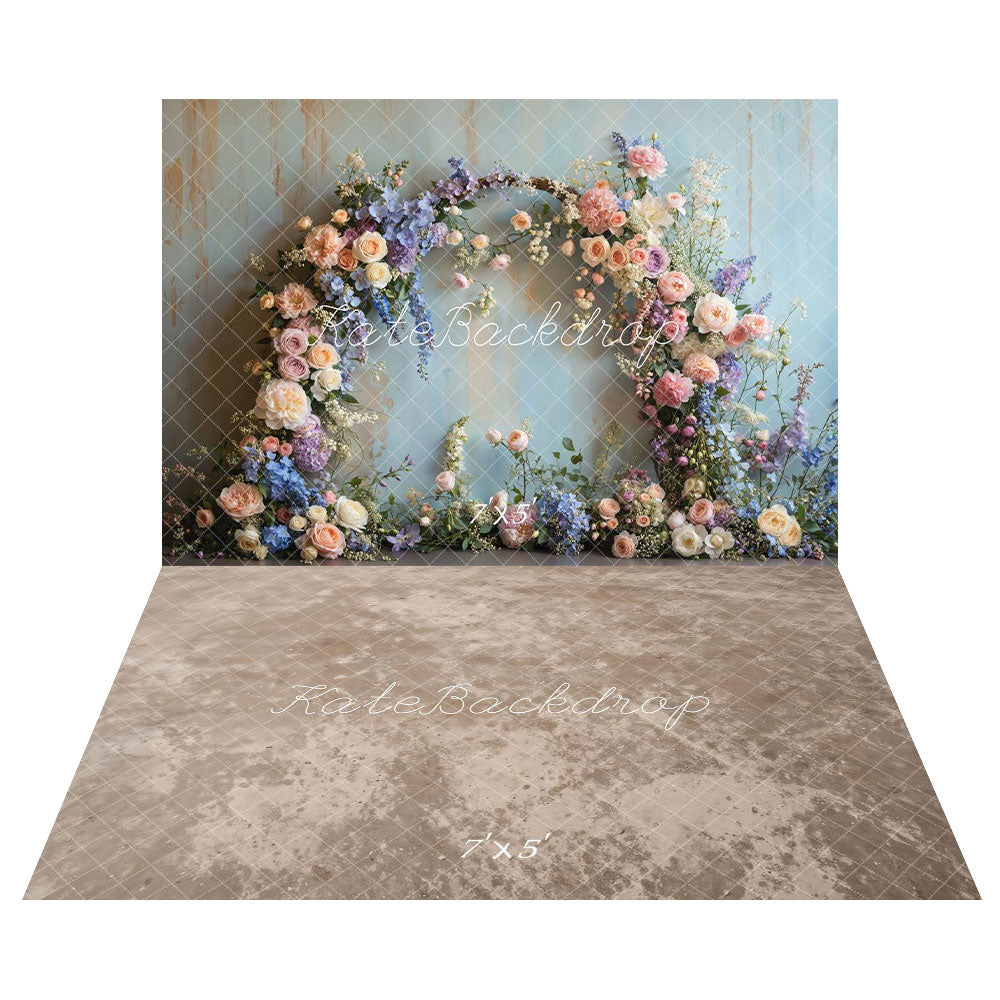 Kate Spring Floral Arch Pastel Backdrop+Abstract Light Brown Beige Floor Backdrop