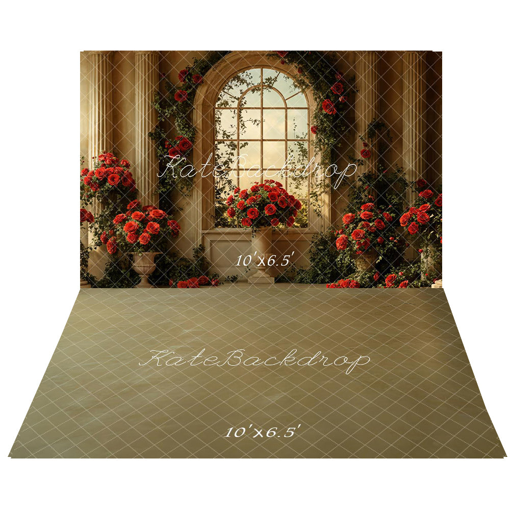 Kate Valentine Vintage Arched Window Rose Backdrop+Vintage Brown Abstract Floor Backdrop