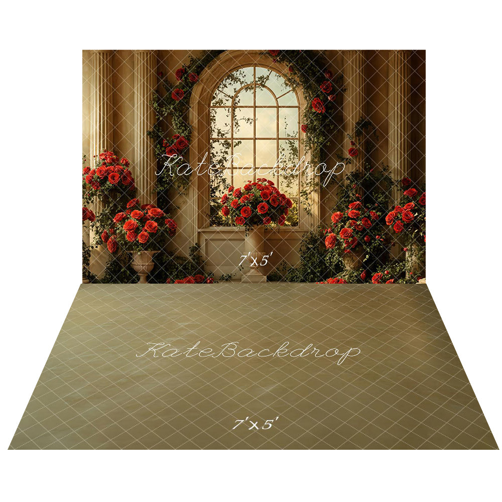 Kate Valentine Vintage Arched Window Rose Backdrop+Vintage Brown Abstract Floor Backdrop