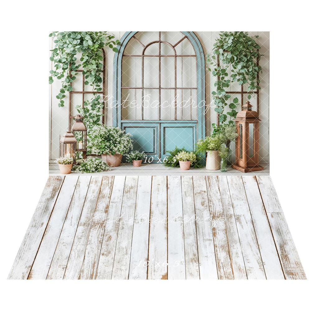 Kate Spring Blue Door Greenery Backdrop+White Retro Wood Floor Backdrop