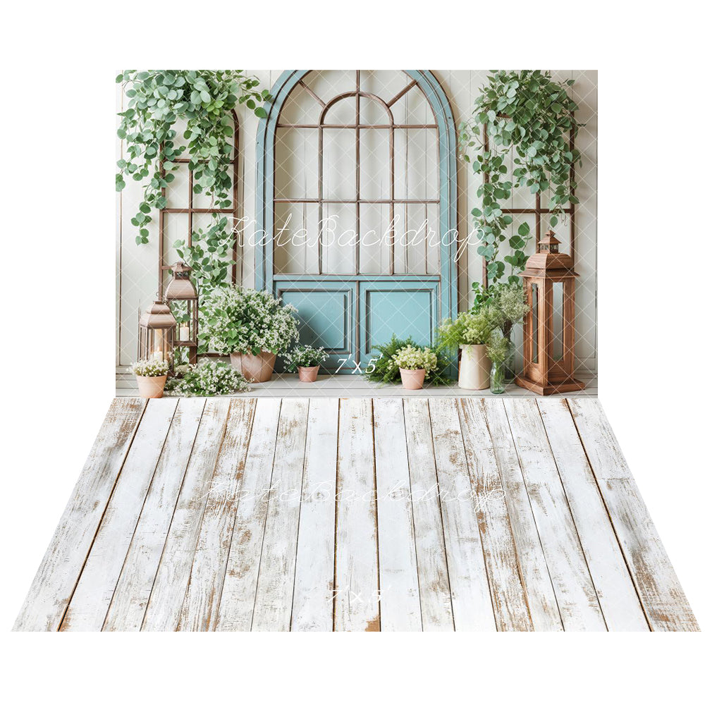 Kate Spring Blue Door Greenery Backdrop+White Retro Wood Floor Backdrop