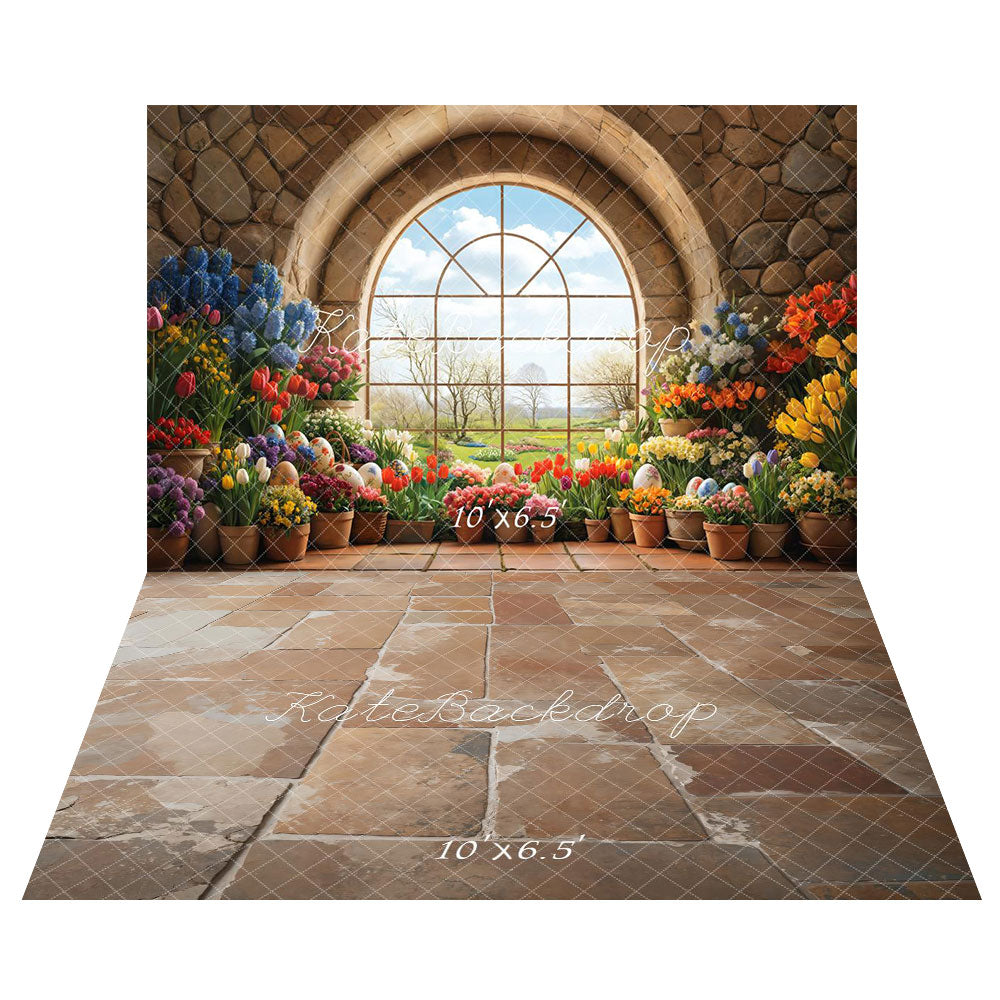 Kate Easter Garden Window Floral Backdrop+Vintage Rustic Cobblestone Floor Backdrop