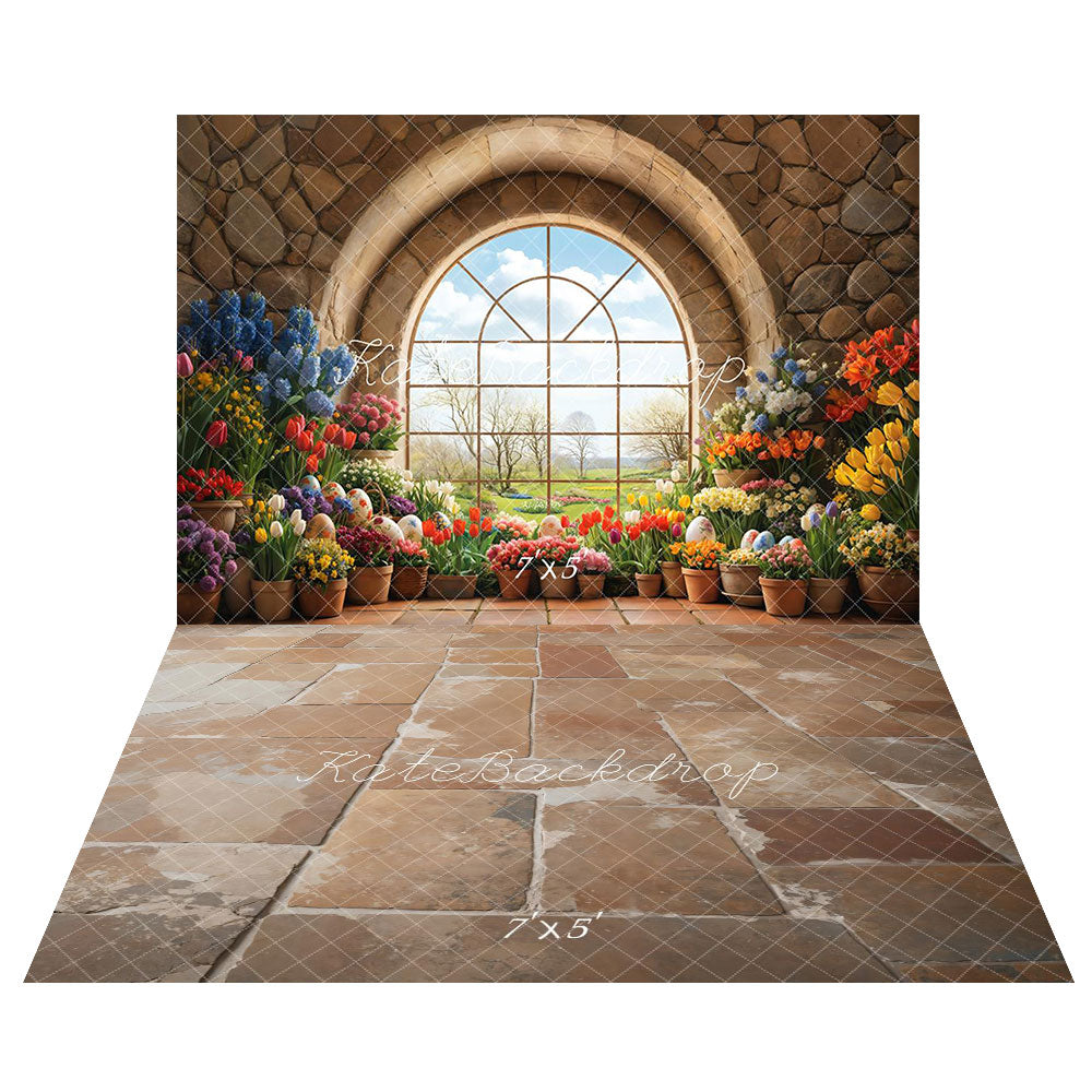 Kate Easter Garden Window Floral Backdrop+Vintage Rustic Cobblestone Floor Backdrop