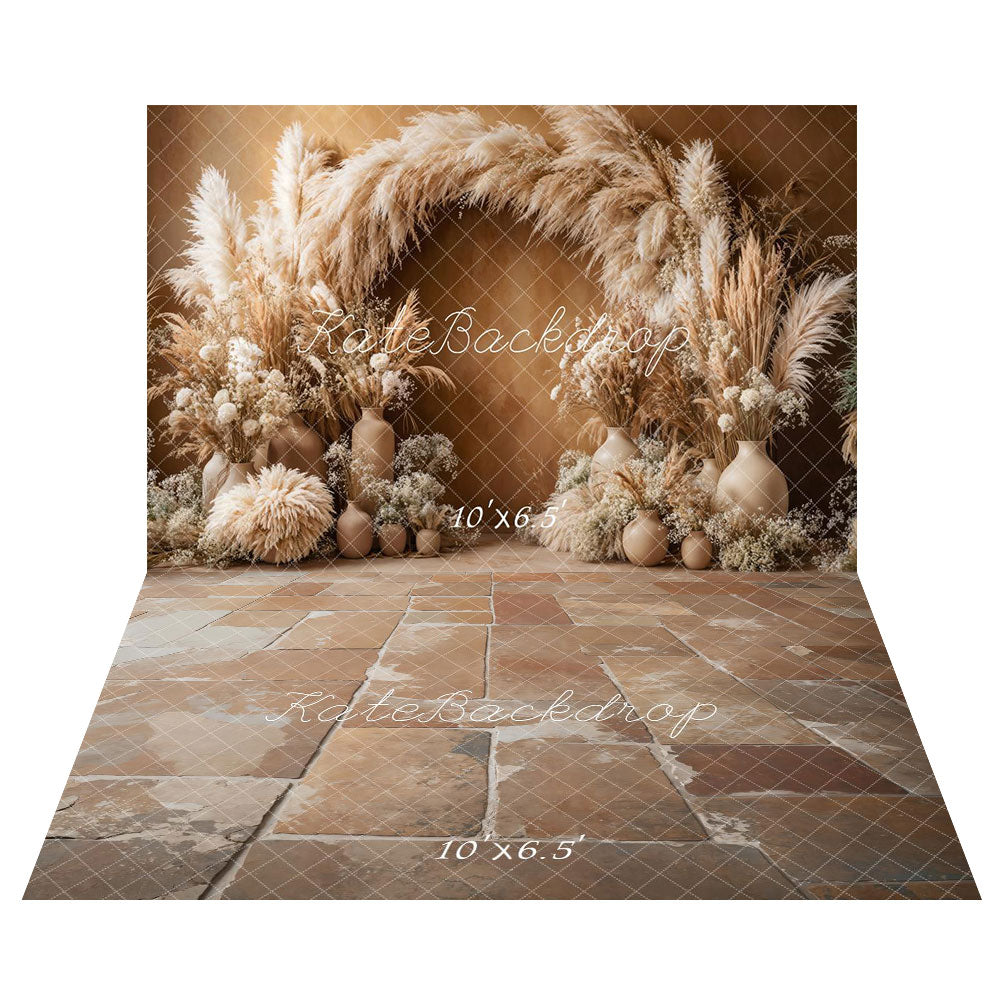 Kate Boho Arch Pampas Grass Brown Backdrop+Vintage Rustic Cobblestone Floor Backdrop