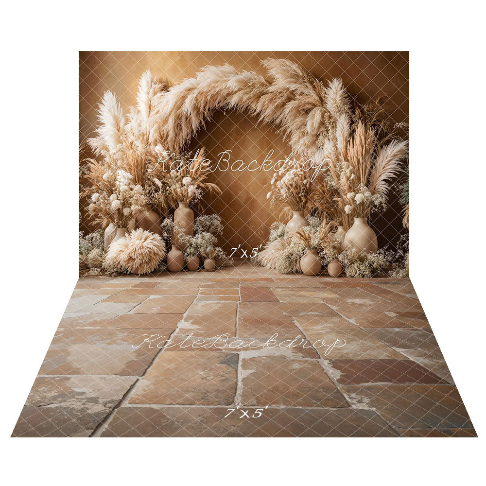 Kate Boho Arch Pampas Grass Brown Backdrop+Vintage Rustic Cobblestone Floor Backdrop