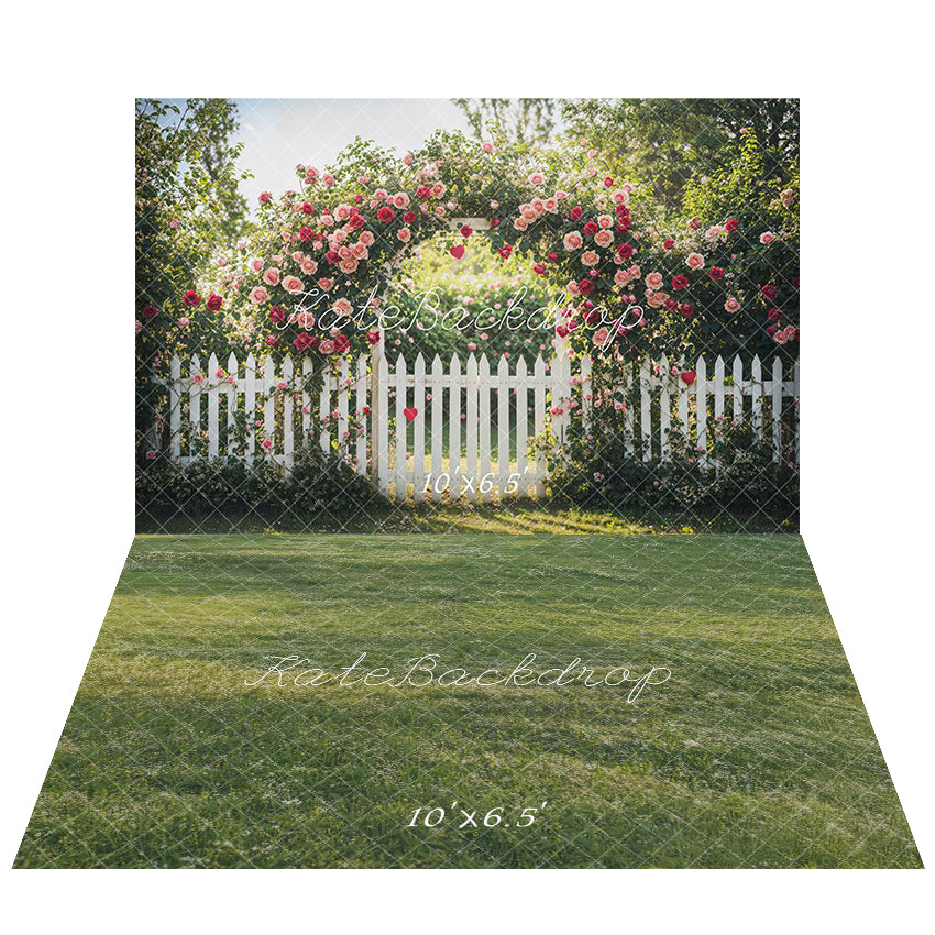 Kate Valentine Flower Arch Garden Fence Backdrop+Green Grass Sunlight Floor Backdrop